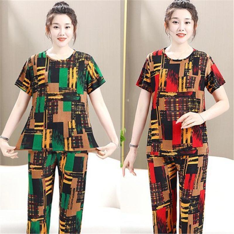 Roupas femininas de manga curta Tops finos calças ternos de meia-idade roupas femininas idosas roupas de mãe camisas sol