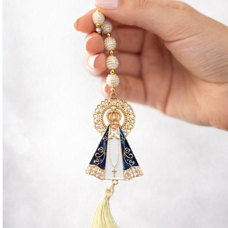 Kit com 5 Dezena Para Retrovisor Terço Nossa Senhora Aparecida Bege 20cm - Fé e Proteção. — imagem 2 de 2