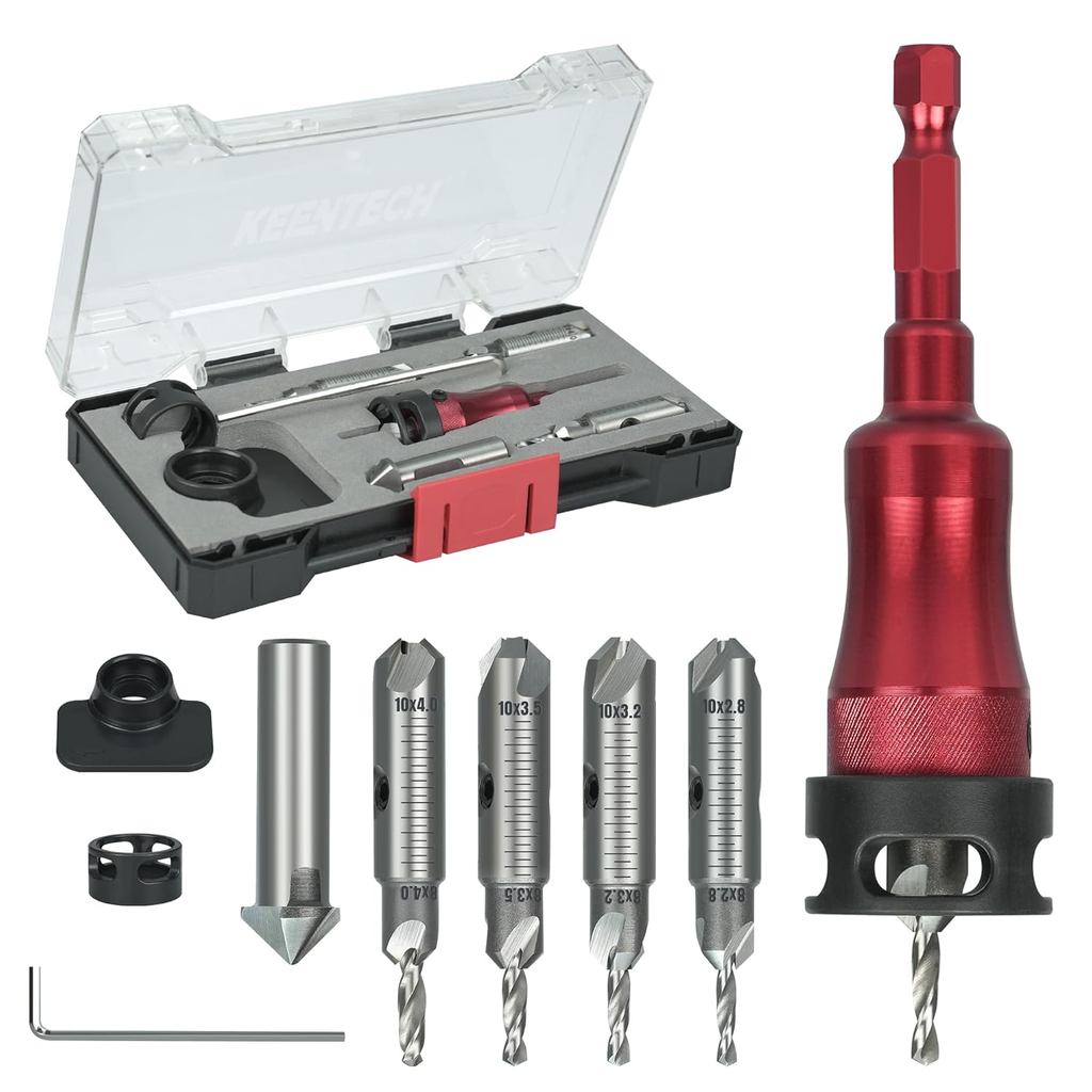 Conjunto de Brocas Escareadoras 10 em 1 KEENTECH, Diâmetro da Broca 2.8/3.2/3.5/4.0 mm x Diâmetro da Escareadora 8/10 mm