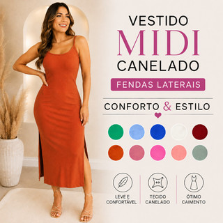 Vestido Midi Canelado Feminino Alça Fina Com Fenda Lateral Longo Casual Elegante |1149| Oferta