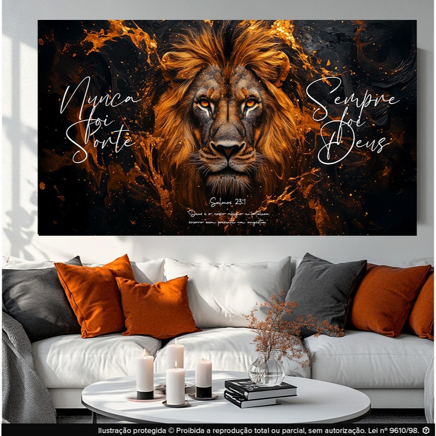 Quadro Decorativo Leão Dourado com Frase 'Nunca Foi Sorte Sempre Foi Deus' – Salmo 231 – Arte Religiosa para Sala Modern