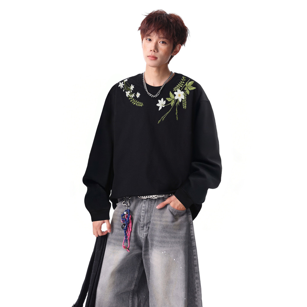 Preto puro algodão bordado flor de manga comprida camiseta masculino feminino estilo 2025 novo estilo primavera outono j