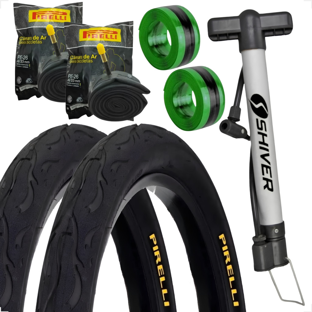 Par Pneu Bicicleta Pirelli Tornado Beta Flame Aro 26 x 2.125 + Camaras Pirelli Bomba fita anfituro