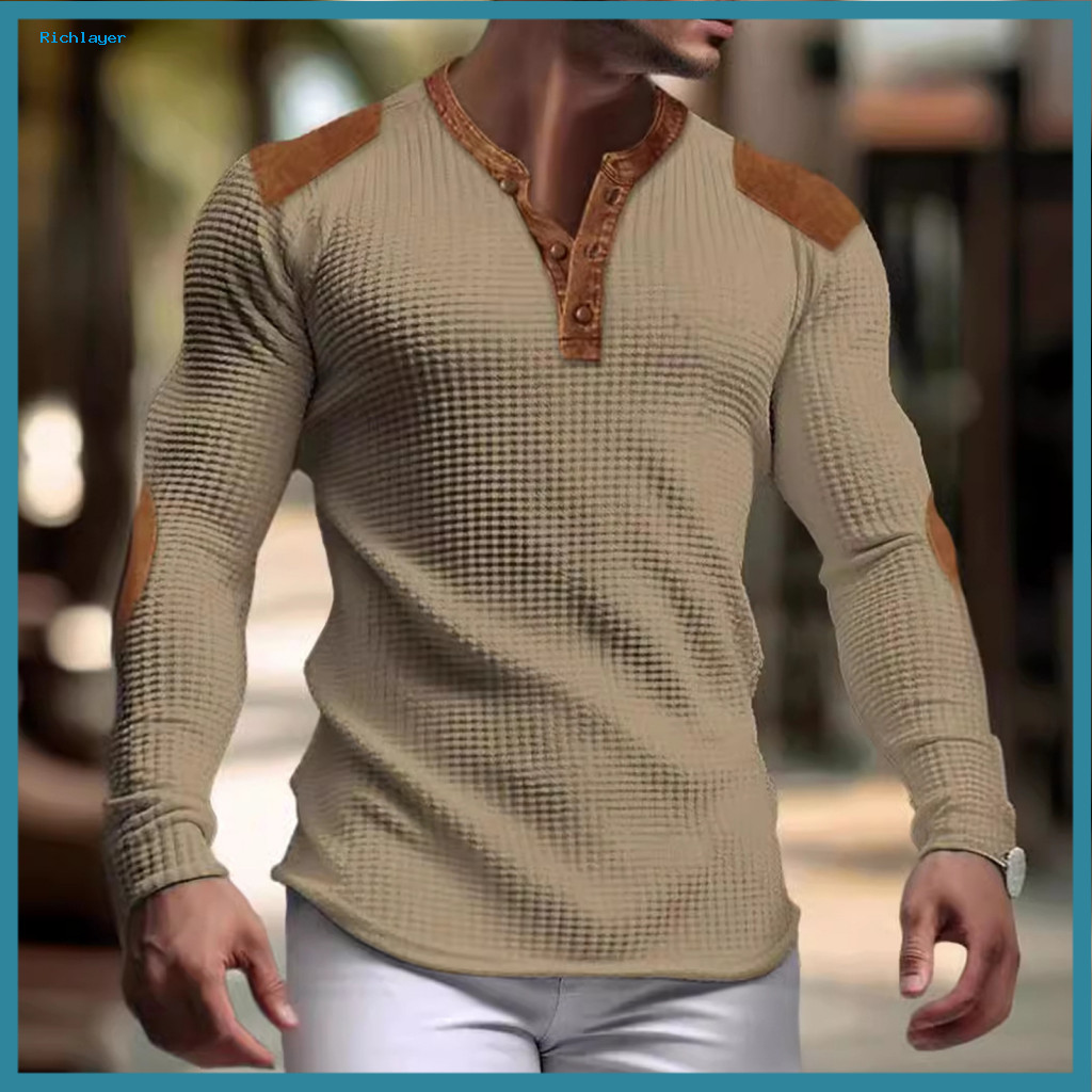 Slim Fit V-neck Sweatshirt Men Solid Color Men's Retro V Neck Patchwork Waffle Texture Pullover with Buttons Colorblock