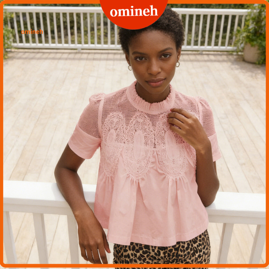 Soft Stretchy Women Blouse Tops Women’s Round Neck Short Sleeve Pullover Top Hollow Embroidery Mesh Yarn Loose Fit Pur