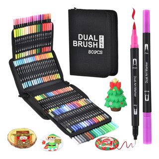 Kit24/36/48/60/80/Cores Caneta 2 em1 Brush Lettering e Ponta Fina Dual Pen Canetinha Colorir Desenho