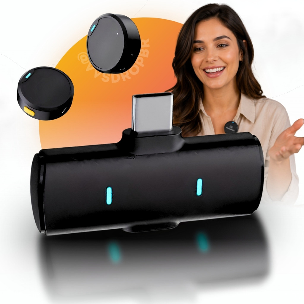 Microfone Sem fio de Lapela Duplo Tipo C Magnético Redondo Bluetooth para Celular Entrevista Android e Iphone