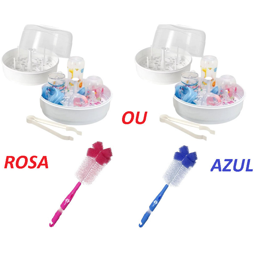 Esterilizador Mamadeiras A Vapor Microondas + Escova  360° Azul/Rosa Neopan