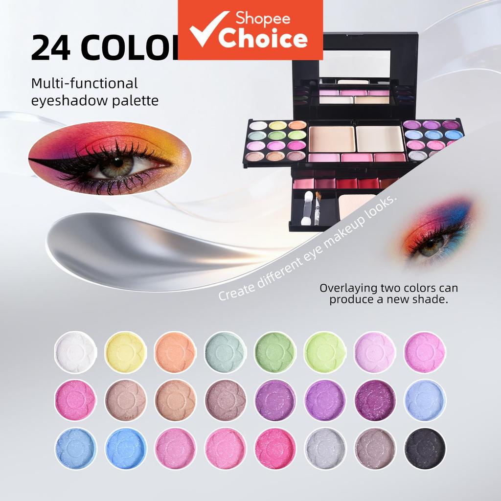 Kit de Maquiagem Profissional Tudo-em-Um - 24 Sombras, 3 Blushes, 6 Batons, 2 Pós & 3 Pincéis, Presente Ideal para