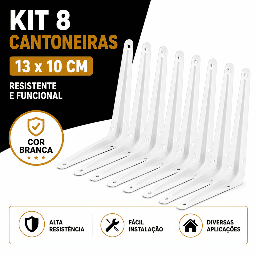 Kit 8 Cantoneira de Metal 13x10cm EM L Branco Suporte Para Prateleira Madeira Parede Casa Decoração Mão Francesa
