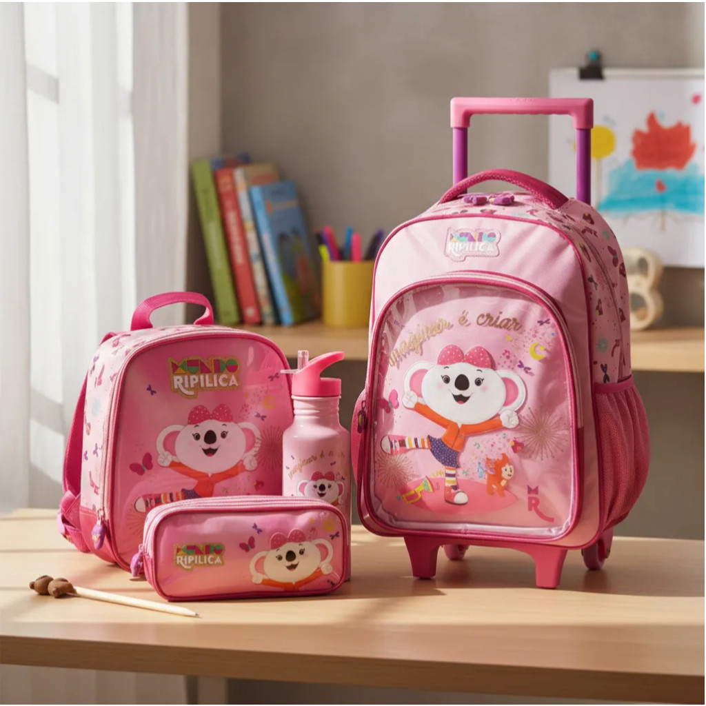 Kit Escolar Mundo LILICA Ripilica Brincar  Lançamento 2026 Mochila com rodas + lancheira +Estojo triplo + Garrafa - ORIG