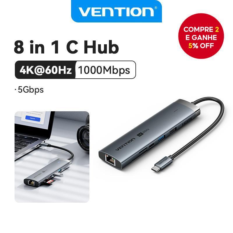 Hub USB Vention 8 em 1 com porta VGA para USB-C, adaptador 4K HDMI, leitor de cartões TF, Ethernet Gigabit RJ45 para