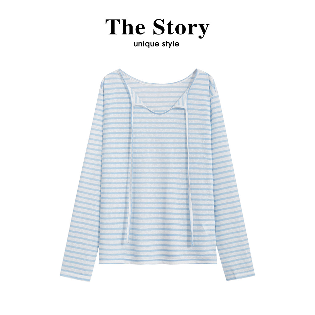 Thats coisas guarda-roupa preguiçoso francês preguiçoso com decote em V listrado manga comprida camiseta feminina verão 