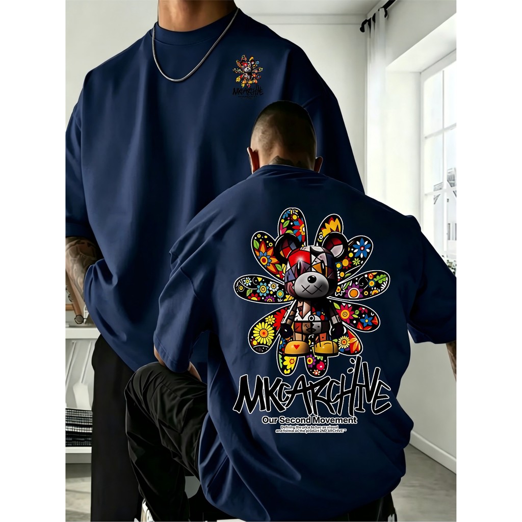 Camiseta masculina de tamanho grande, com estampado de urso colorido, 100 % algodão, roupa masculina