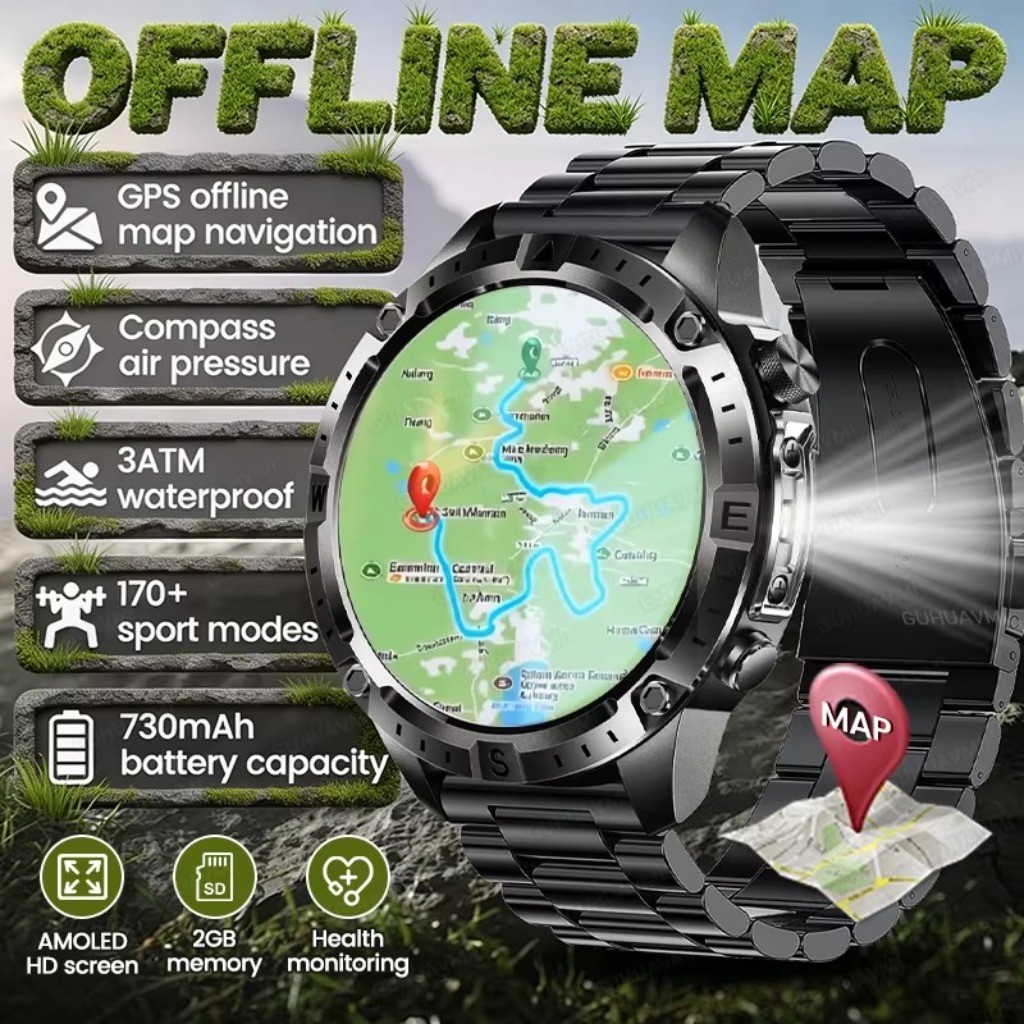 Novo GPS Relógio Inteligente Ao Ar Livre Mapa Navegação Bússola Lanterna 730mAh Bateria 3ATM À Prova Dwaterproof Água BT