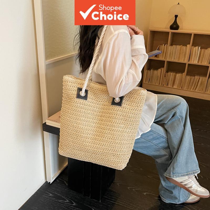 Bolsa de palha de grande capacidade, sacola de ombro feminina para praia no verão