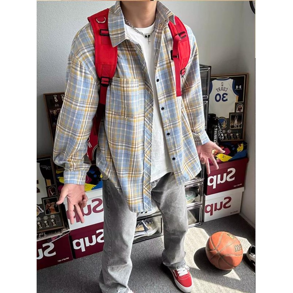 Camisa xadrez azul amarela masculina, camisa xadrez de manga comprida de alta qualidade, jaqueta retrô americana vintage