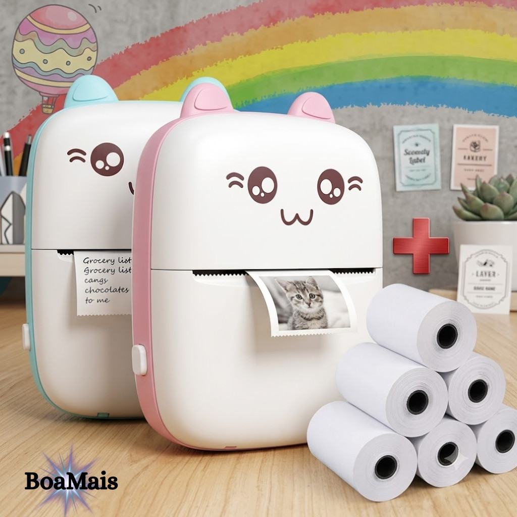 Mini Impressora Térmica Sem Fio Gatinho com Papel para Corrigir Exercício Escolar