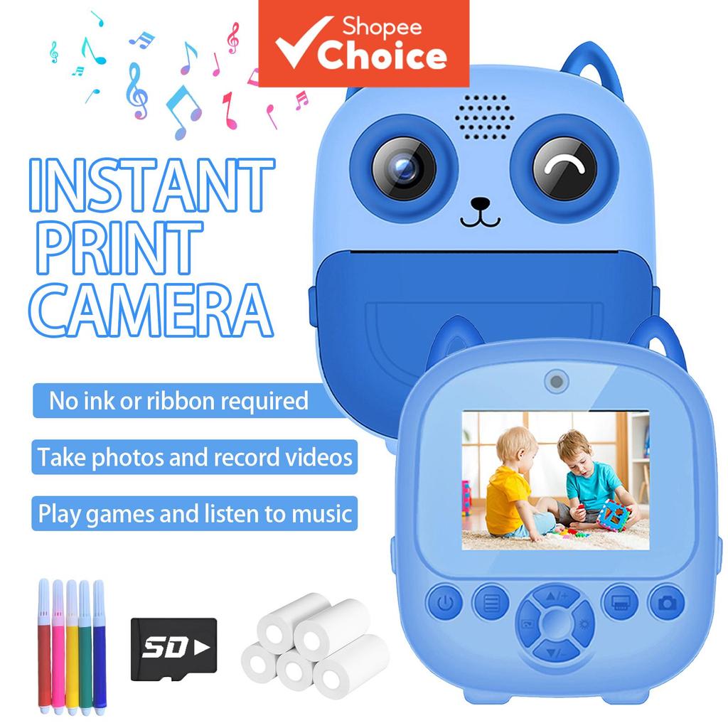 Câmera Instantânea Infantil com Impressão Instantânea, Tela Giratória, HD 1080P, Sem Tinta, LCD 2.4, Jogos e Música