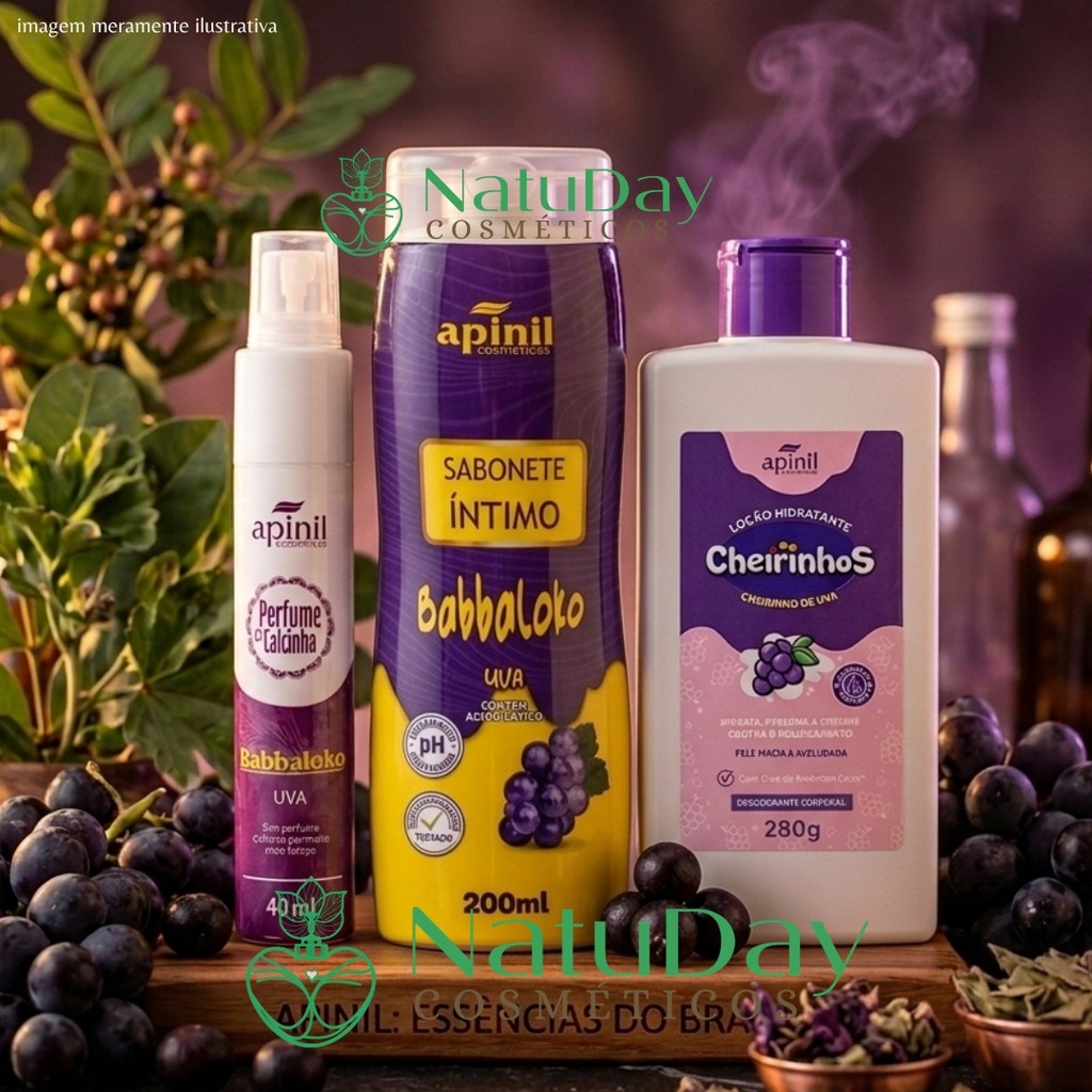 Trio Loção Hidratante Cheirinhos Uva Sabonete Líquido e Spray Perfumado Feminino