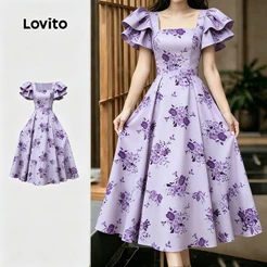 Lovito Floral Vestido Elegante com Estiloso Primavera/verão Vestido Roxo Claro para Mulheres LK4ED1494