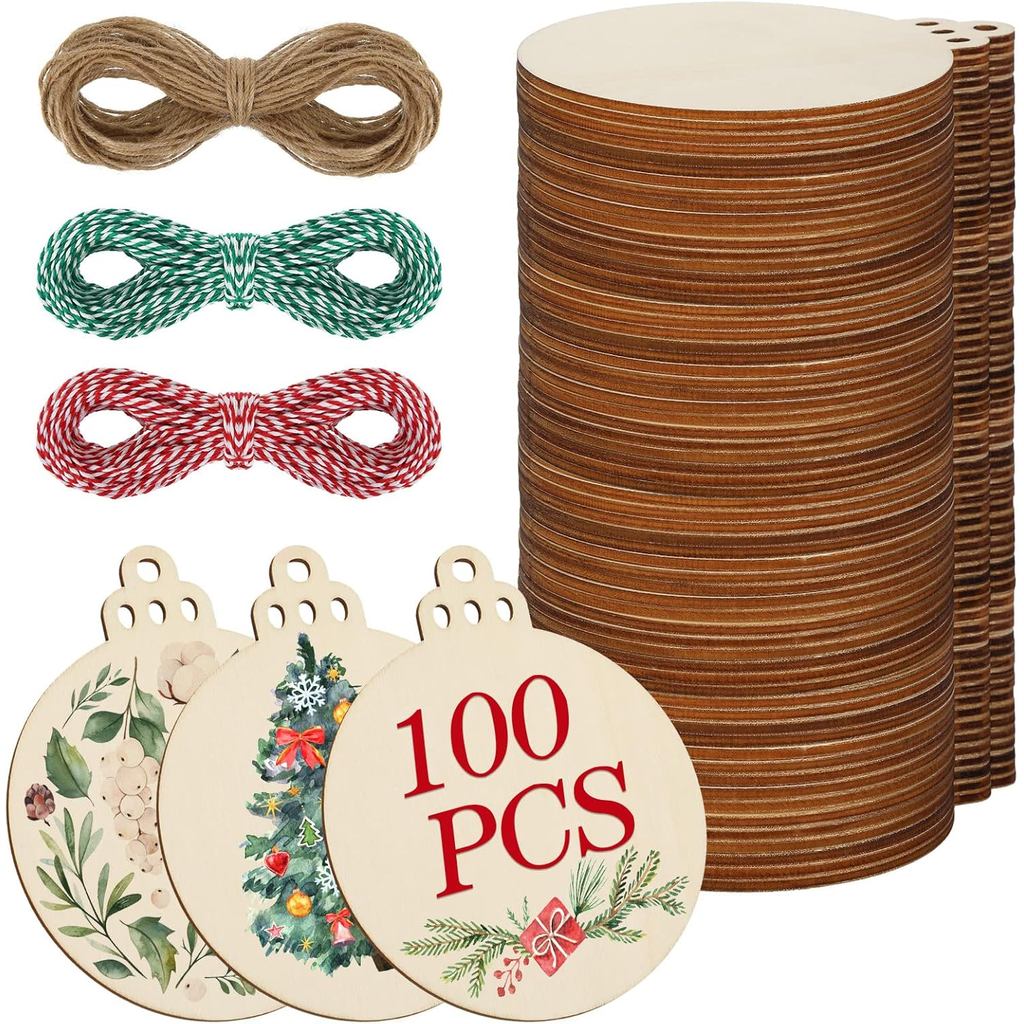 100 Pcs 3 Inch Round Wooden Christmas Ornaments Unfinished Wood Slices with Holes Predrilled Blank Wooden Discs with 195