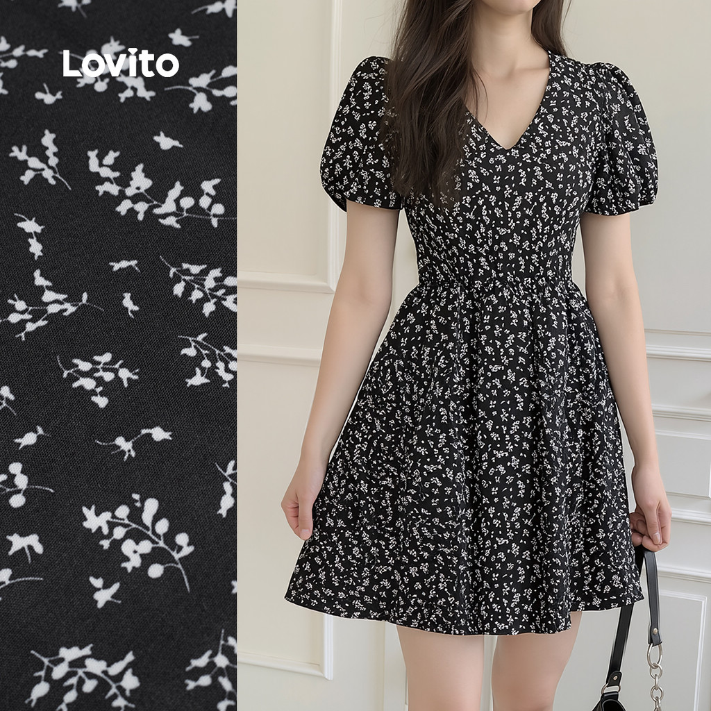 Lovito Vestido Preto Casual com Zíper Primavera/verão para mulheres LK4ED836