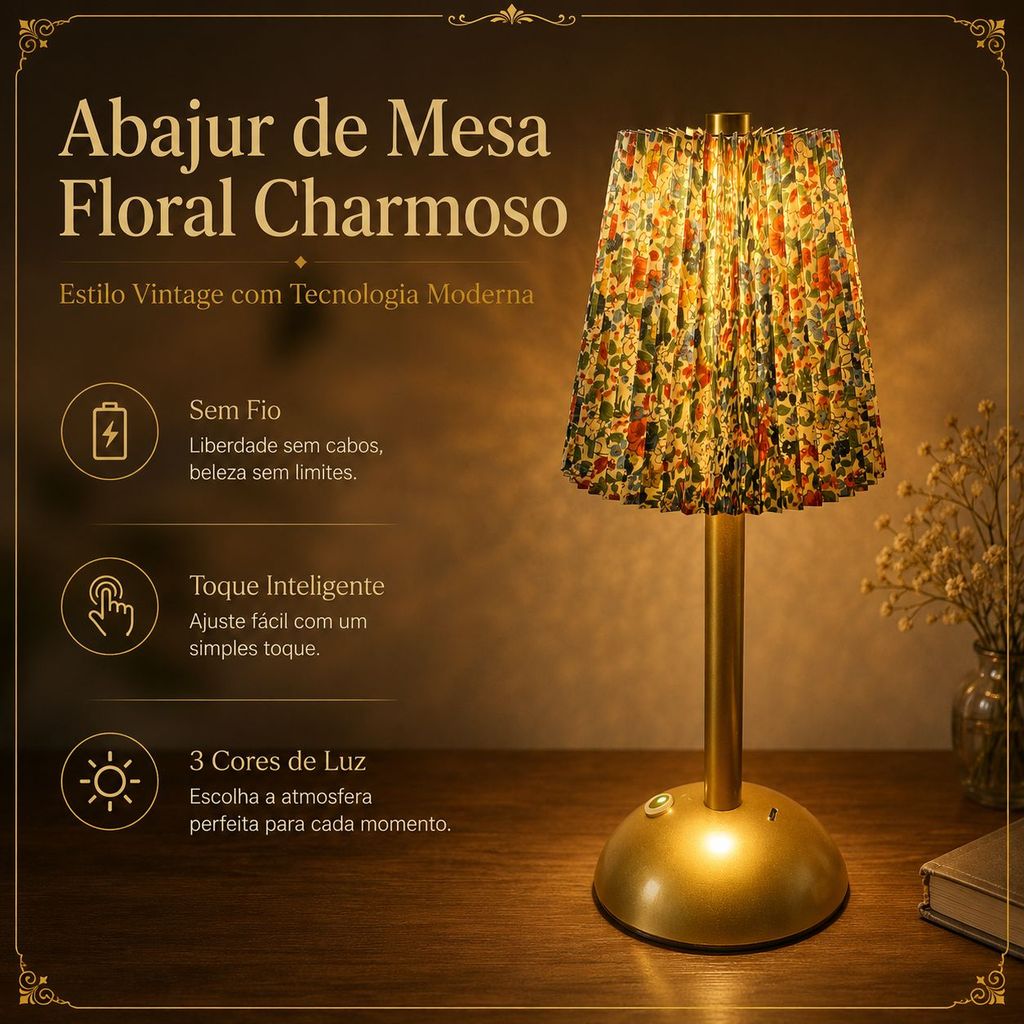 Abajur De Mesa Plissado Floral Sem Fio Touch 3 Cores Dourado