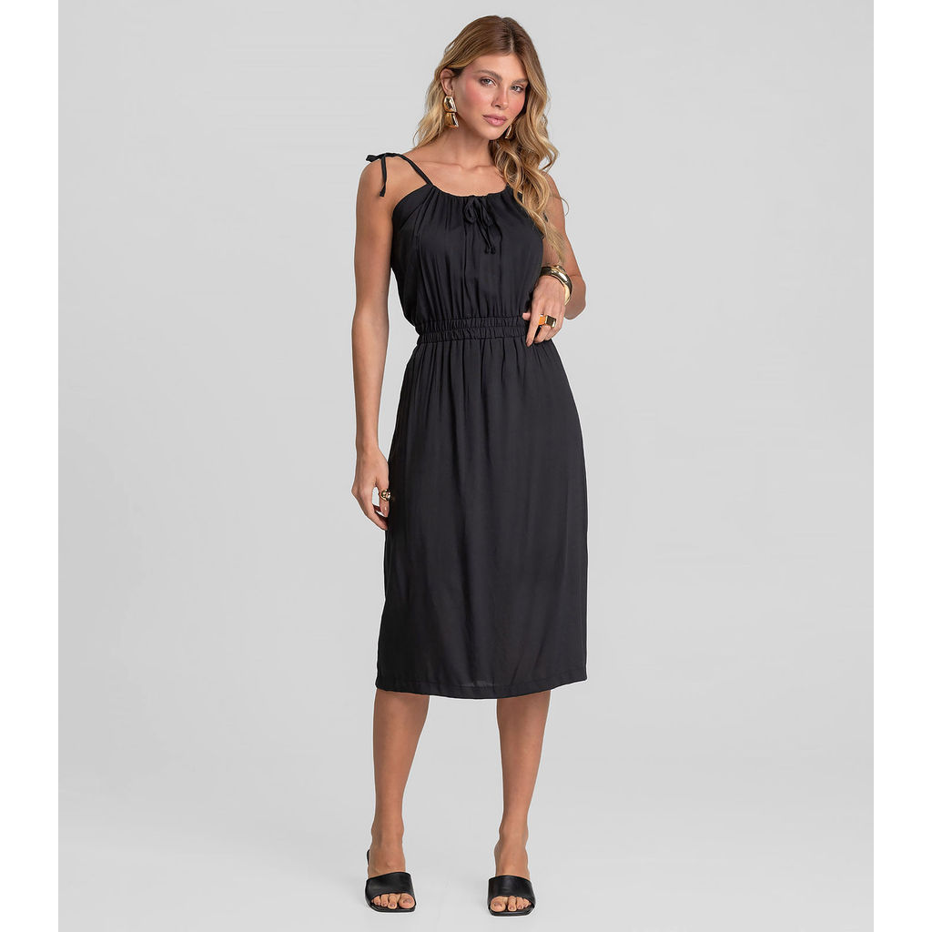Vestido Midi Feminino De Alça Em Viscose Dianna Preto