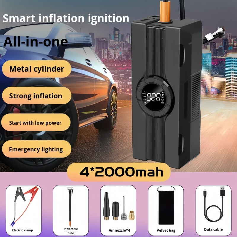 Bomba de Ar Portatil Compressor Inflator Multi-função 4 em 1 Auxiliar Partida Bateria Portátil Emergência