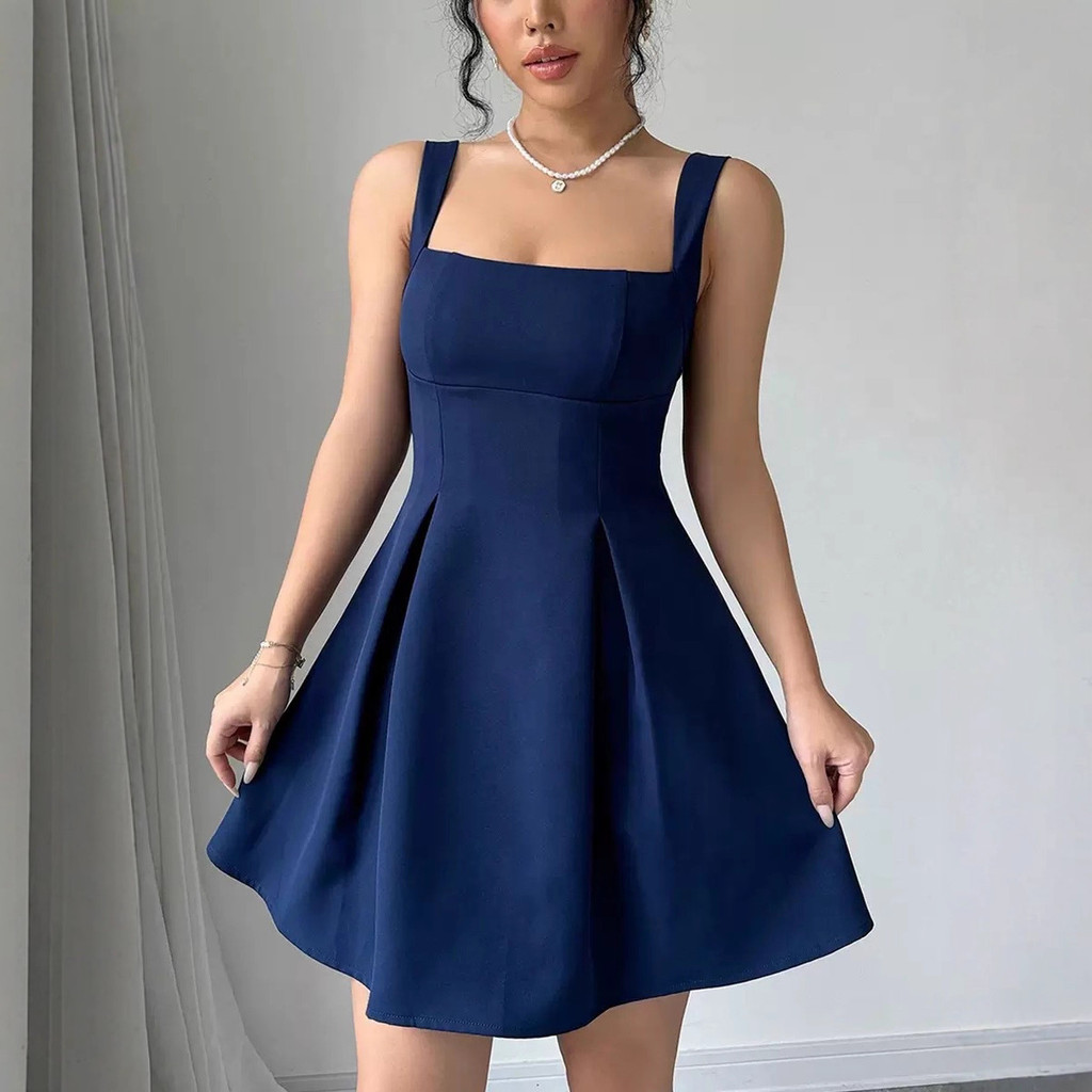 Cross-Border 2026 primavera verão novo estilo cor sólida vestido de pescoço quadrado europeu americano estilo elegante c