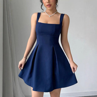 Cross-Border 2026 primavera verão novo estilo cor sólida vestido de pescoço quadrado europeu americano estilo elegante c