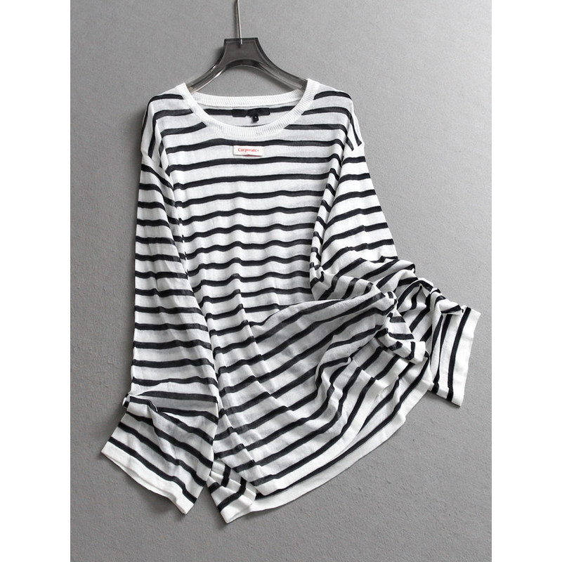 Foco no produto Tecido de qualidade Bom contraste Listras coloridas Ice Sense Estilo fino Solto Slimmer Look Camiseta de