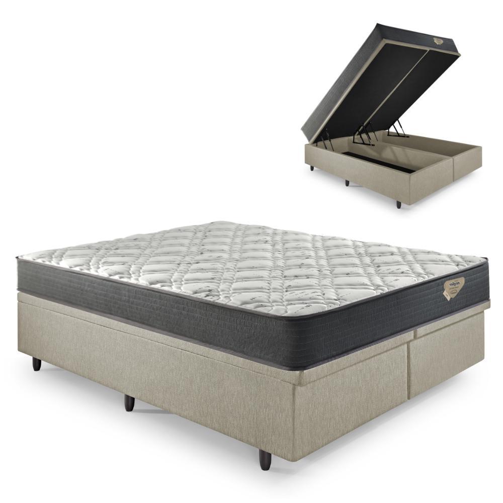 Box Baú Queen Courino Bege 158x198 + Colchão Adapto Ecoflex
