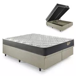 Box Baú Queen Courino Bege 158x198 + Colchão Adapto Ecoflex