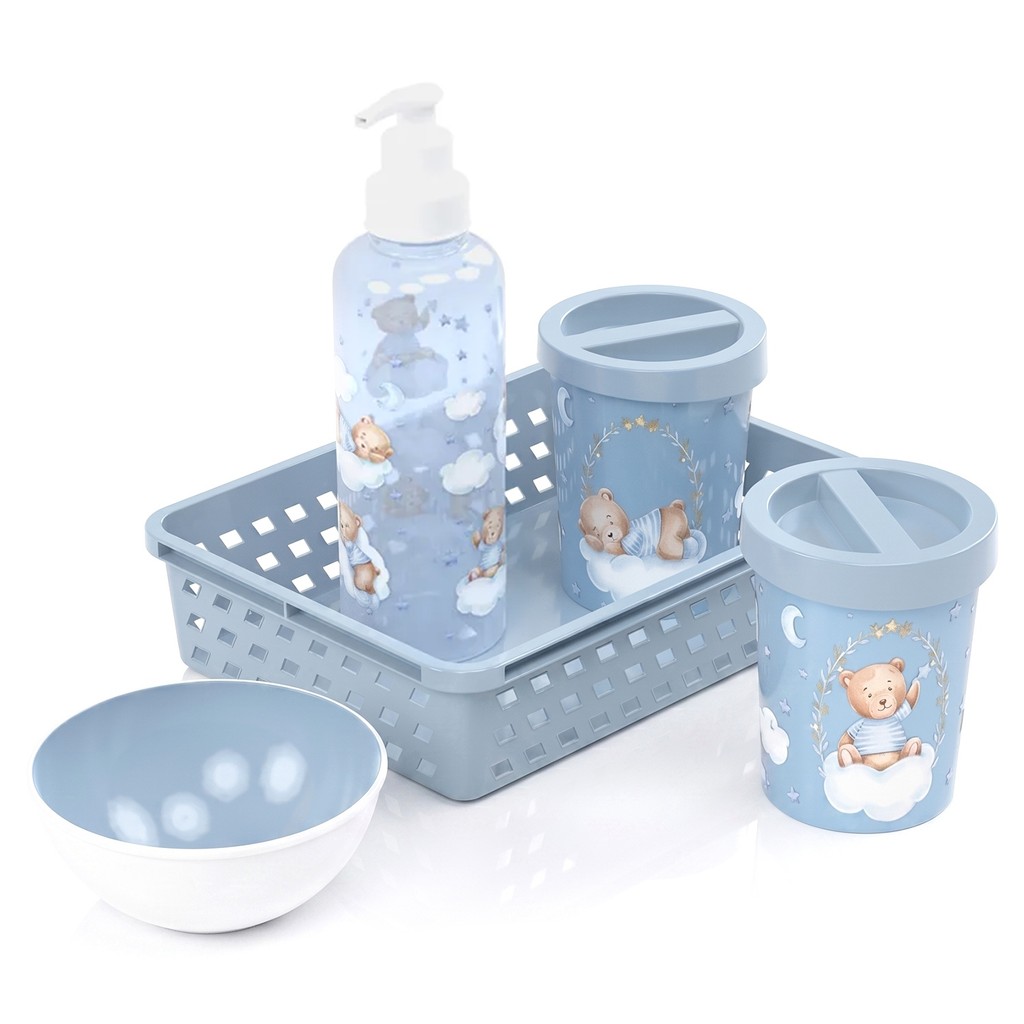Kit Higiene Infantil Completo Baby Urso Azul 5 Peças Cuidado Bebê Essencial - Plasútil