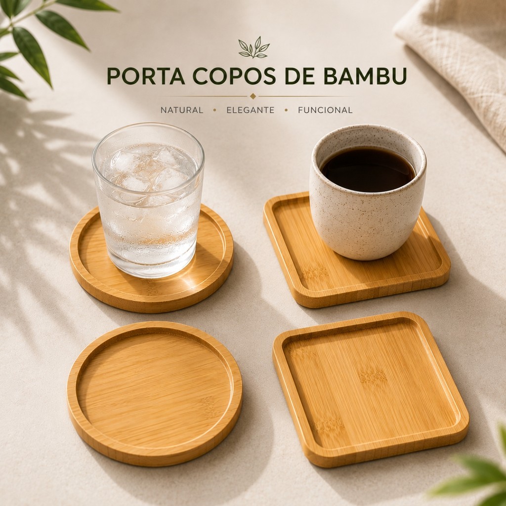 Kit apoio de copo Porta Copos Bambu 2 4 6 Quadrado Redondo Descansador Decoração Mesa Cozinha Natural