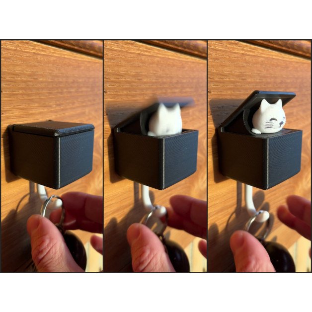 Porta-Chaves com Tampa Automática e Gatinho Surpresa - Fixação com Fita Dupla Face