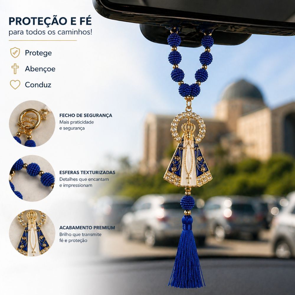 Kit Terço Retrovisor Imagem Nossa Senhora Aparecida para Carro e Decoração Católica Dezena Presente — imagem 2 de 2