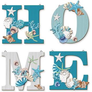4 Peças de Placas de Madeira para Decoração de Parede de Casa, Estilo Praia Costeira, Placas com Estrela-do-mar Azul e C