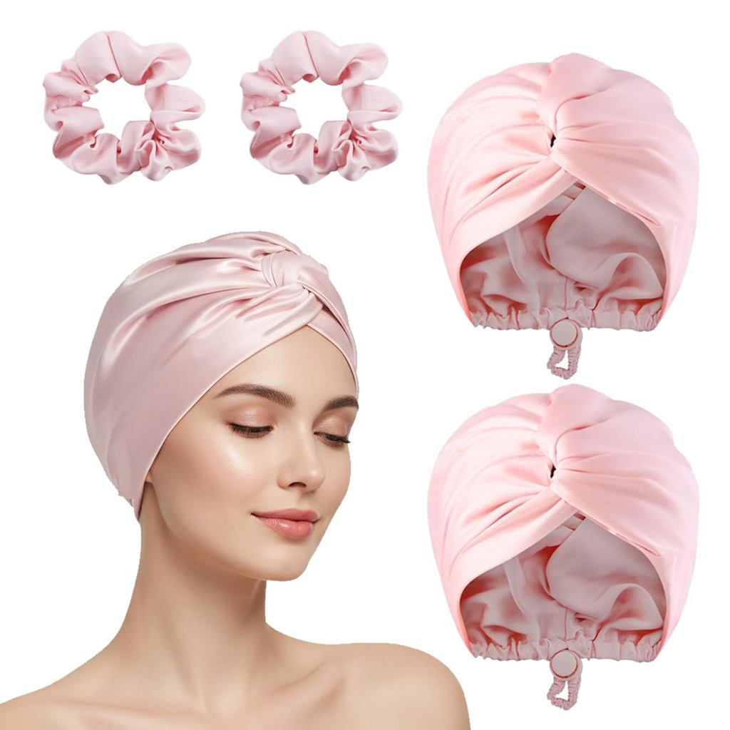 2 Toucas de Seda Ajustáveis para Dormir, Touca de Dormir com 2 Elásticos de Cabelo, Faixa de Cabelo de Seda para Mulhere