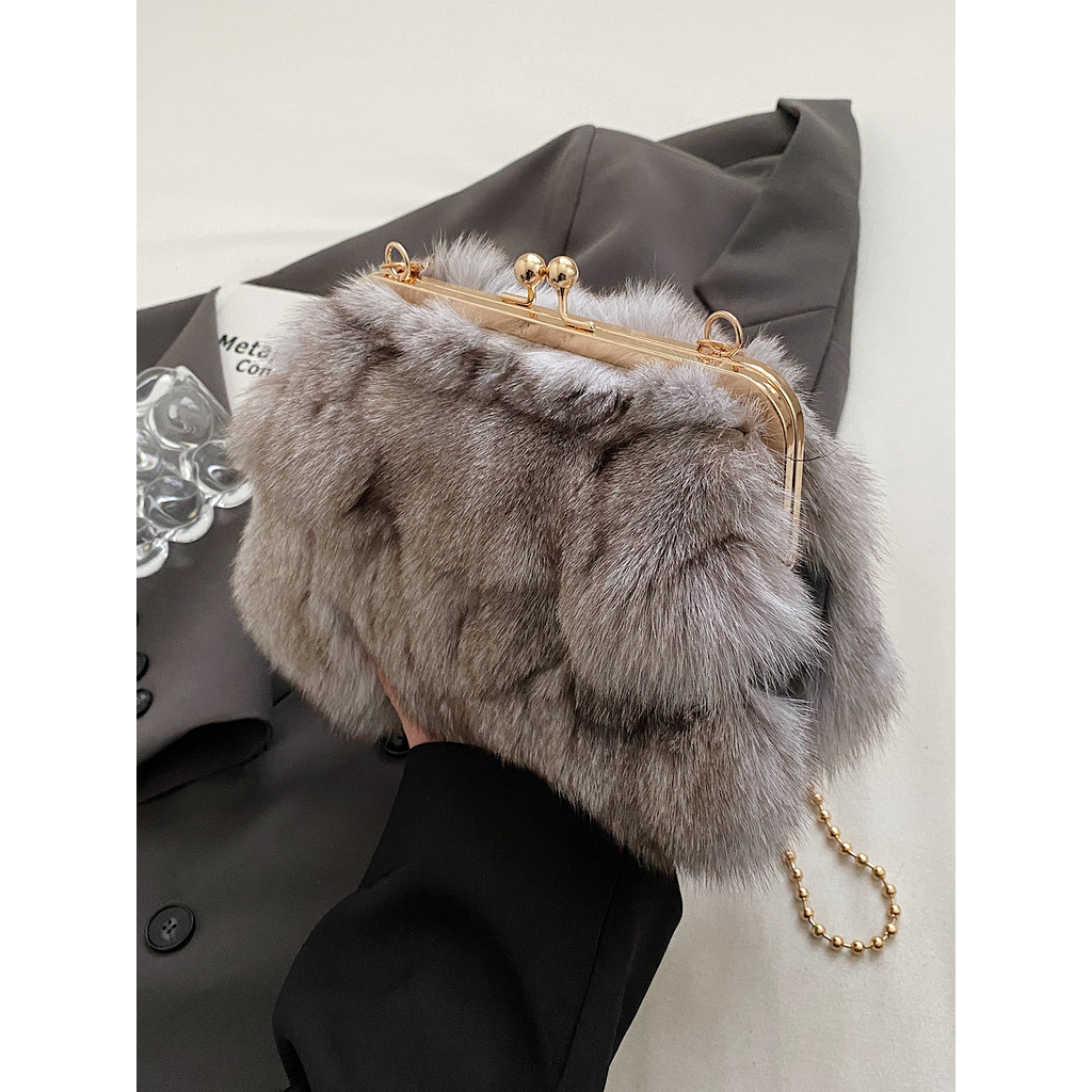 Bolsa de pele Real High-End pele de raposa saco do mensageiro corrente pequena saco 2025 outono inverno bolsa feminina b