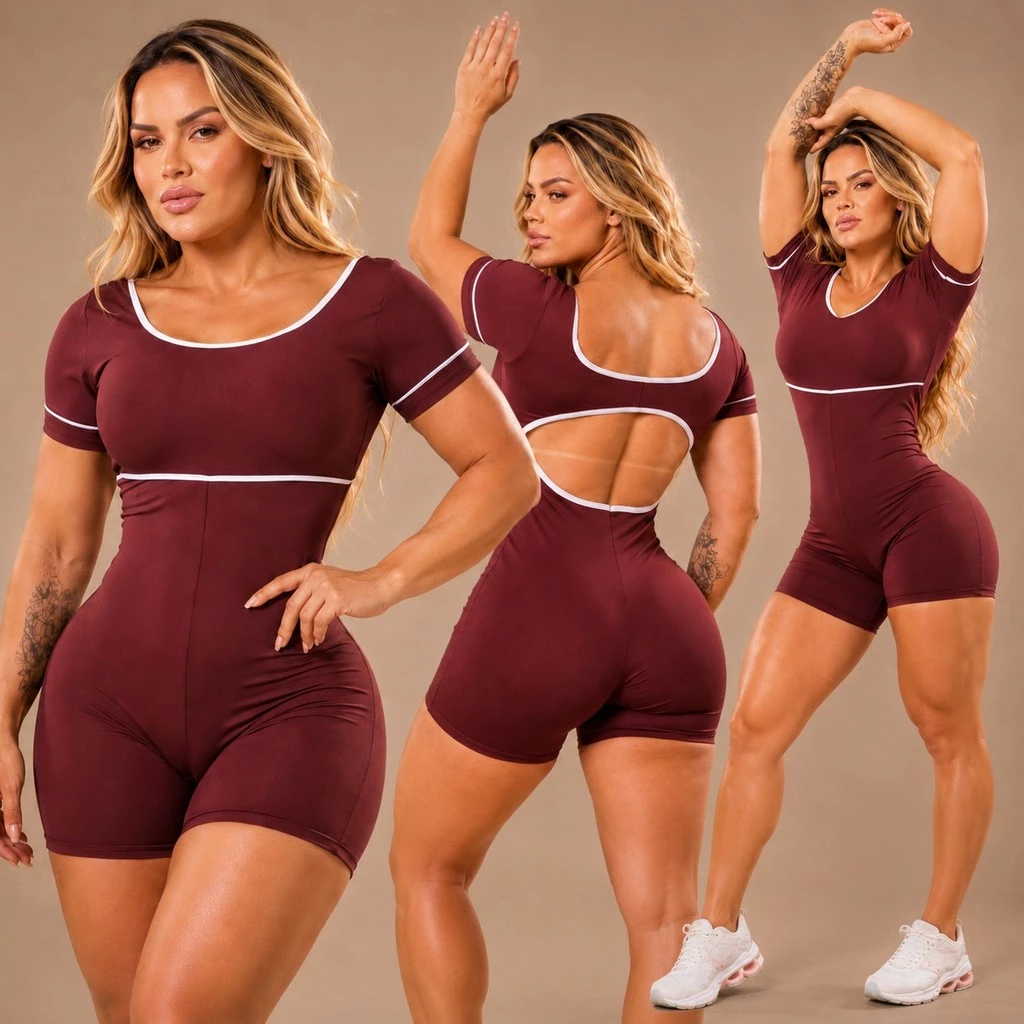 Macaquinho macacão Curto Short com mangas Fitness roupa de academia Feminino para treino — imagem 1