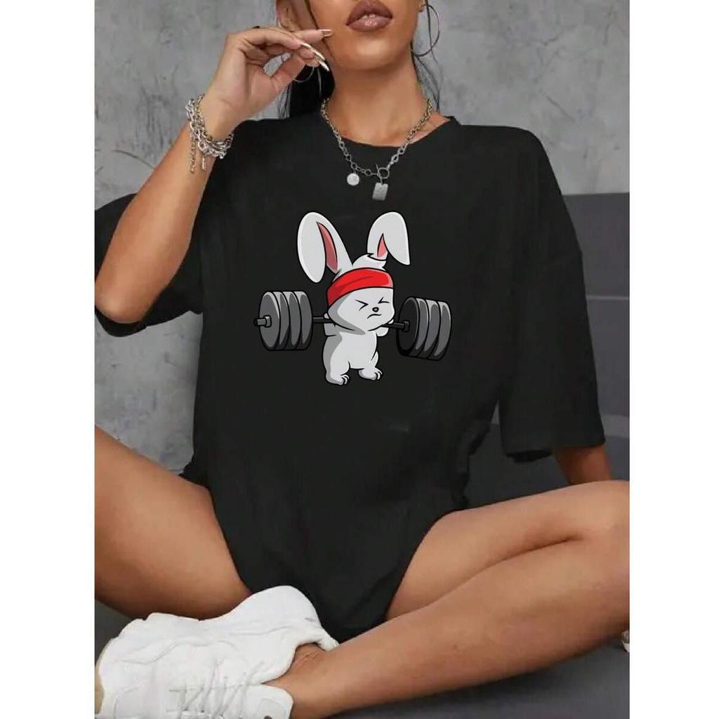 Camiseta Feminina Blusinha Adulto Infantil Plus Size Casual Street Wear Moda Coelho Peso Barra Academia Gym Lebre