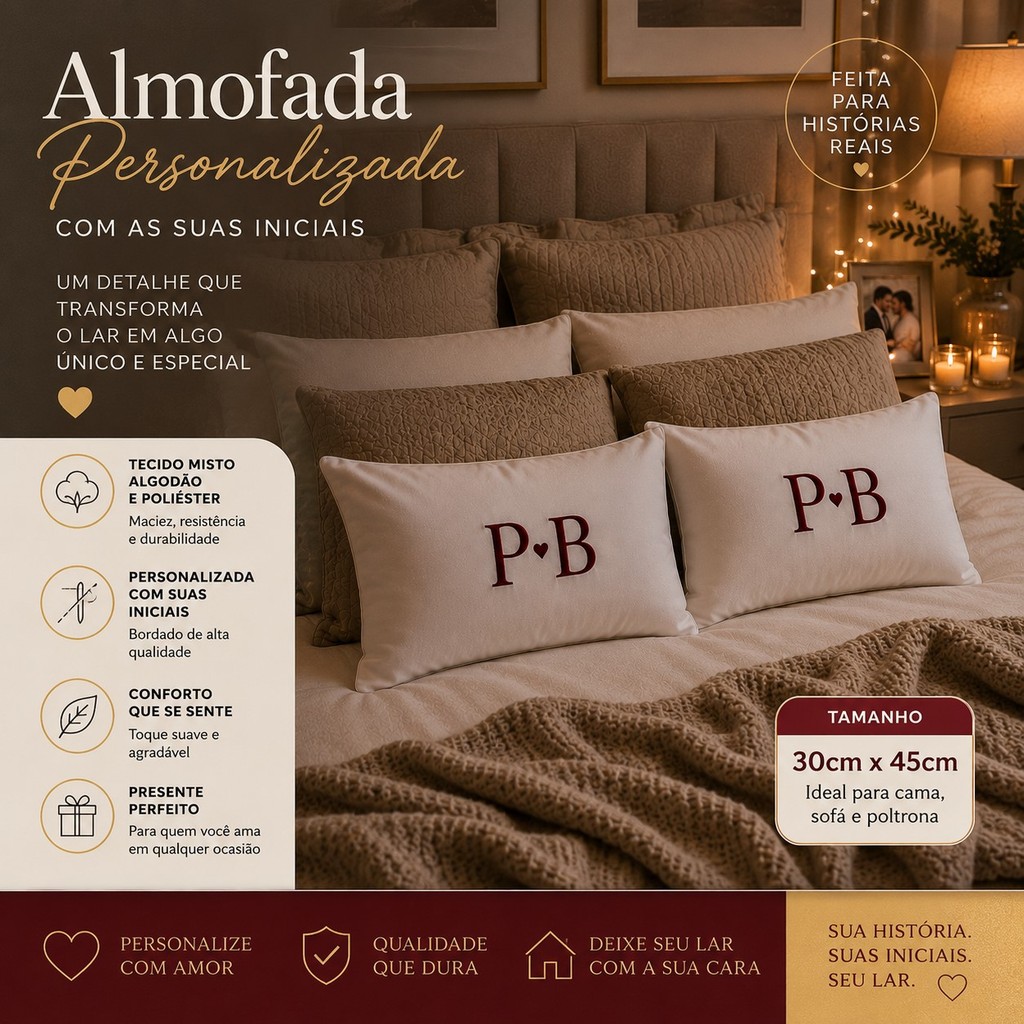 Almofada Decorativa Iniciais do Casal Bordada Personalizada (01 UNIDADE) 30x45 Com Enchimento