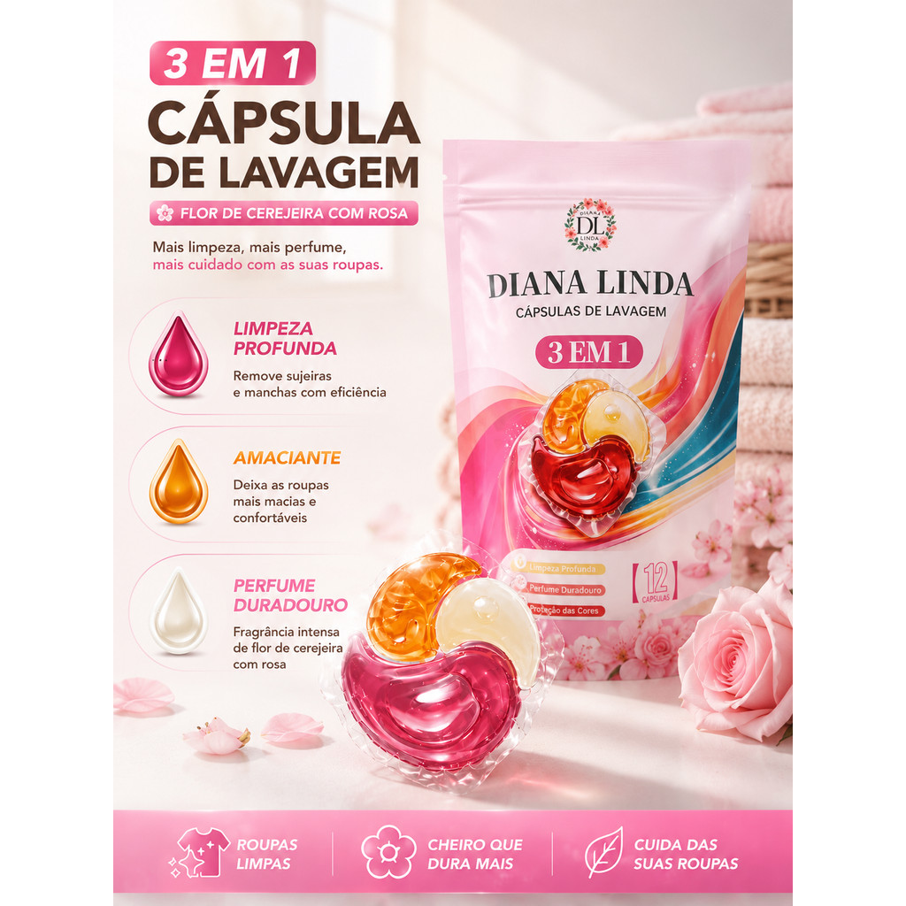 Lava Roupas em Cápsula 12 Unid – 3em1 Limpeza Profunda, Tira Manchas e Perfuma