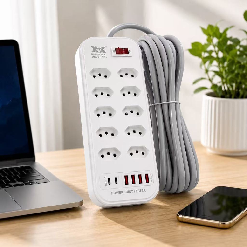 Régua de tomadas multifuncional com portas USB e Tipo-C, comprimento do cabo de 2/5/10m.