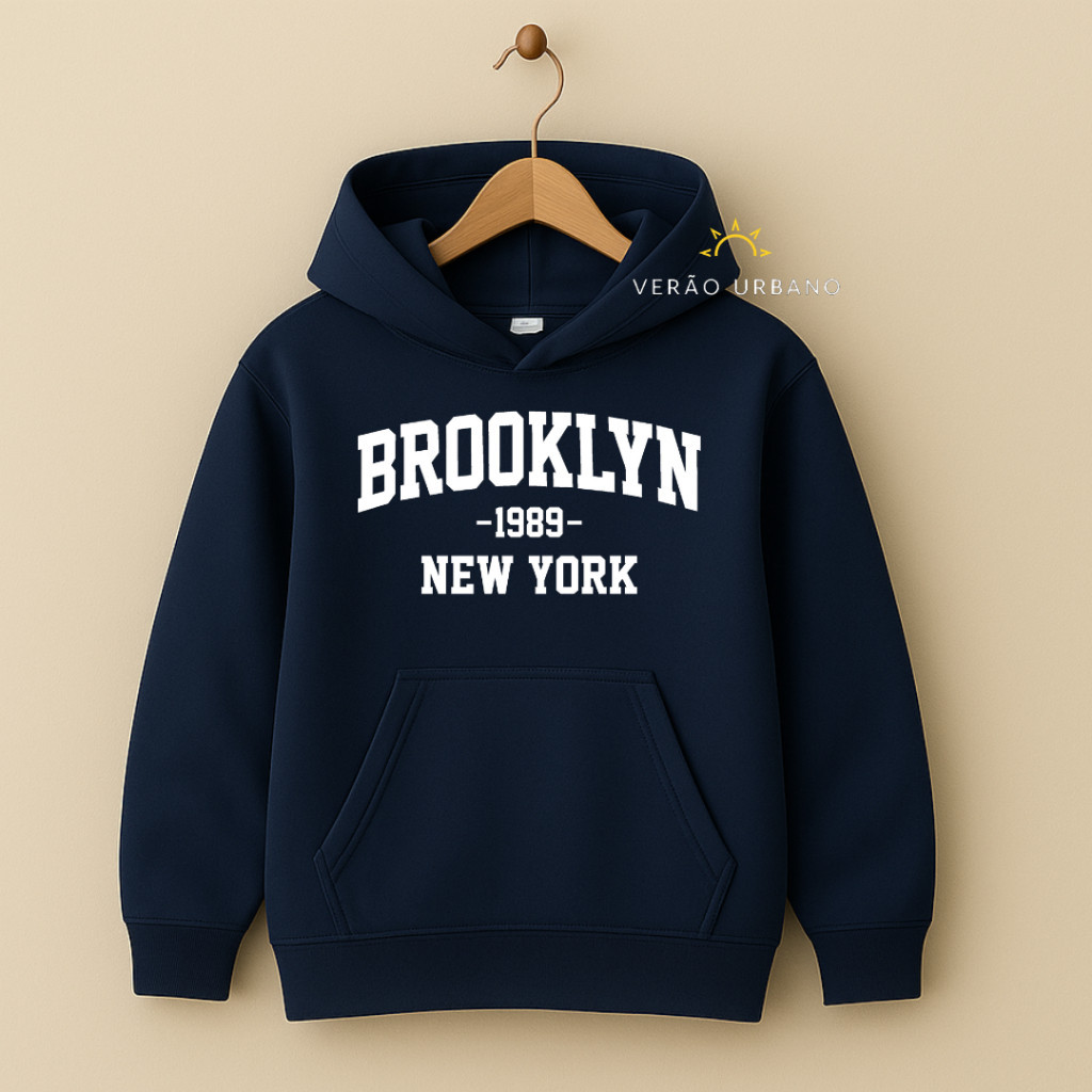 Moletom Infantil Flanelado Estampado Brooklyn Blusa de Frio com Capuz e Bolso Canguru