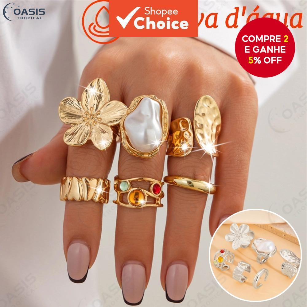 Conjunto De Anel De Pérola Floral Exclusivo Da Moda 6 Peças Para Mulheres Elegante Presente Diário Empilhável