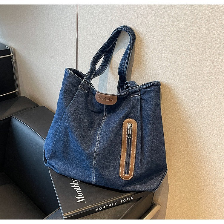 Bolsa de ombro feminina moderna e elegante, bolsa de jeans de grande capacidade, bolsa casual versátil para usar sob o b